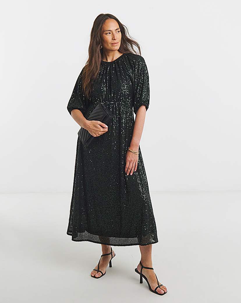 New In - Linear Sequin Puff Sleeve Midi Dress