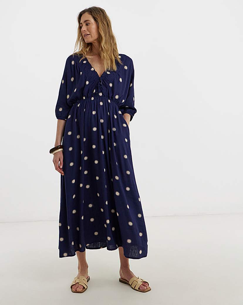 Navy Gathered Front V Neck Kimono Dress