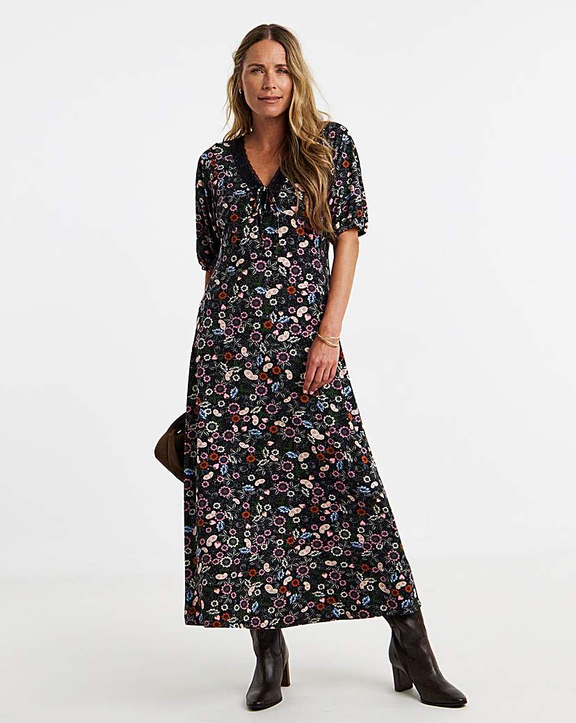 Soft Touch Lace Trim Puff Sleeve Dress