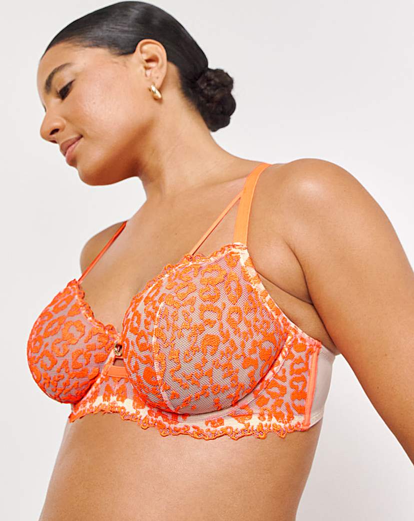 Neon Animal Embroidery Balcony Bra - Neon Orange
