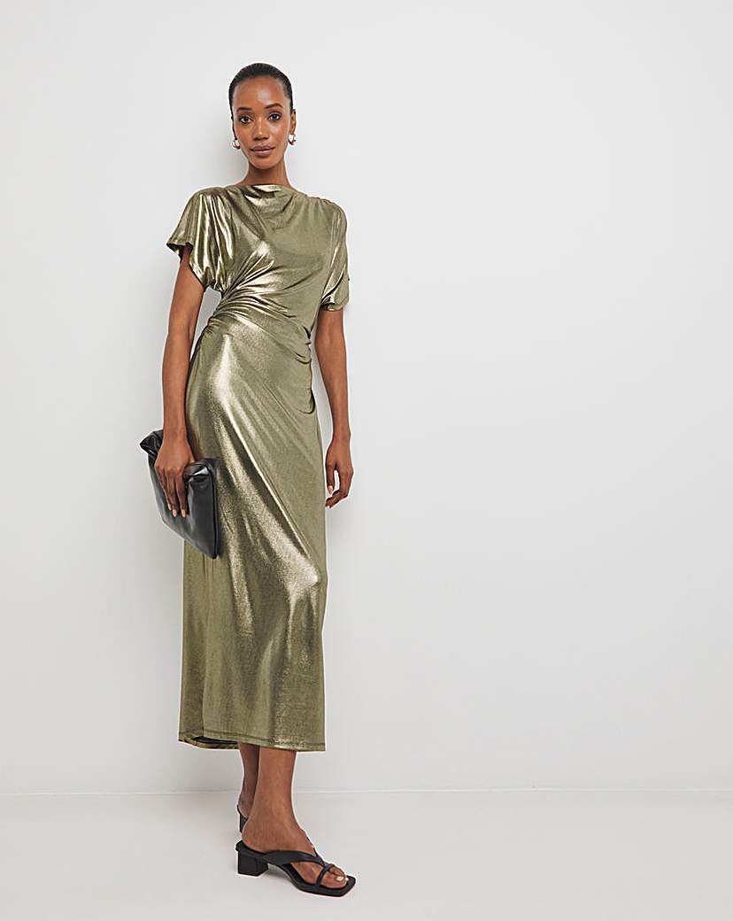 Metallic Ruched Midi Dress