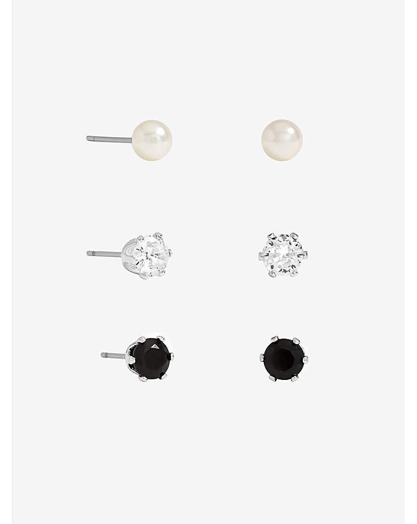 New In - Pearl, Crystal & Jet Studs - Pack of 3