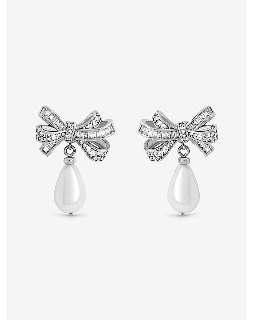 New In - Rhodium Plated CZ Bow and Pearl Earrings