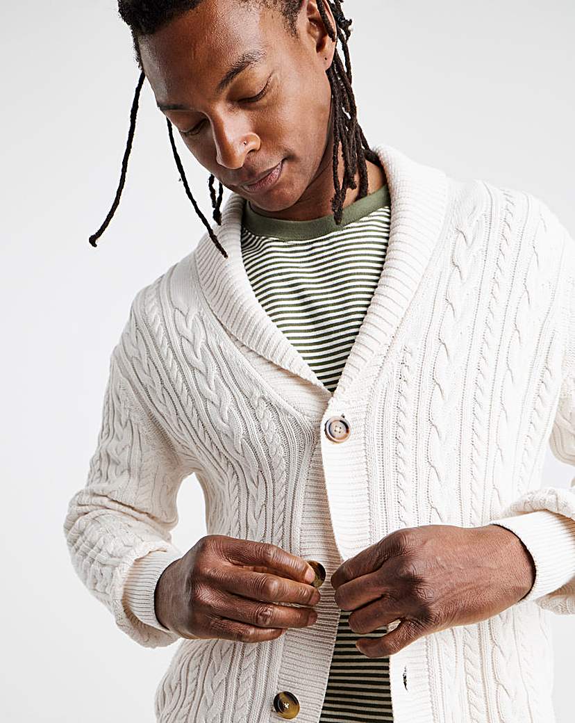 Ecru Cable Knit Shawl Neck Cardigan | Jacamo Ecru Cable Knit Shawl Neck Cardigan | Jacamo