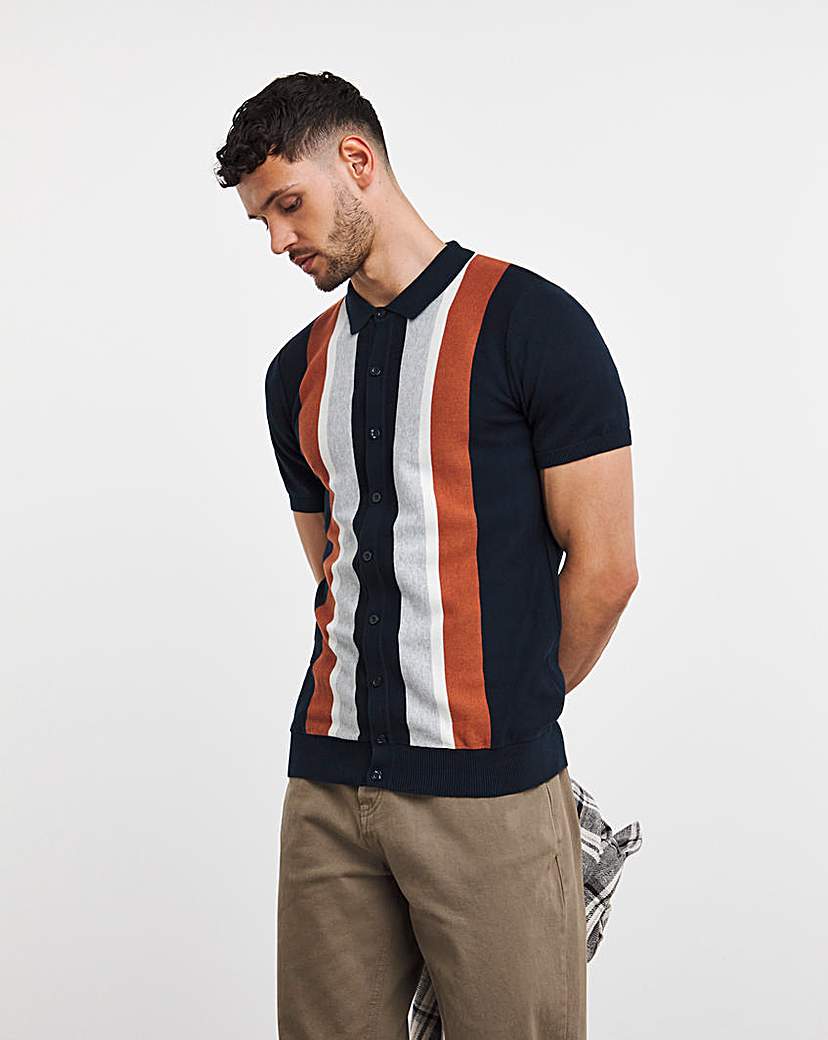 Navy Stripe Button Through Knitted Polo