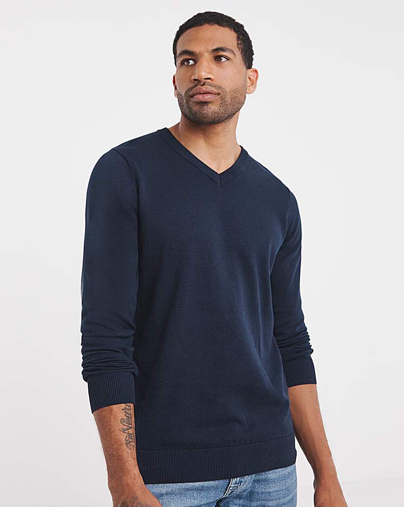 Dark Navy Cotton V Neck Knitted Jumper
