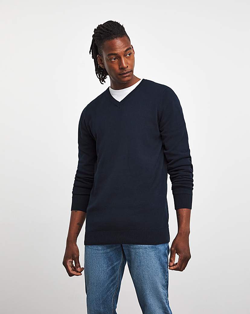 Dark Navy Cotton V Neck Knitted Jumper