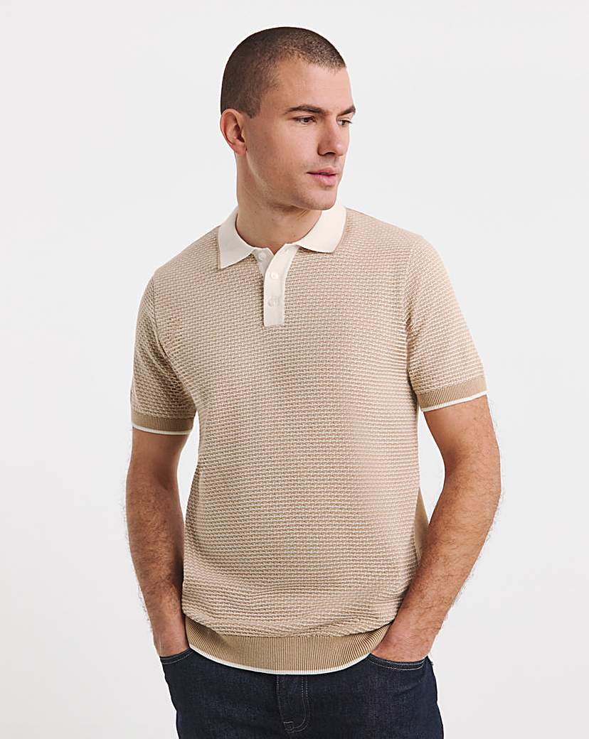 Geo Patterned Short Sleeve Knitted Polo TAN …