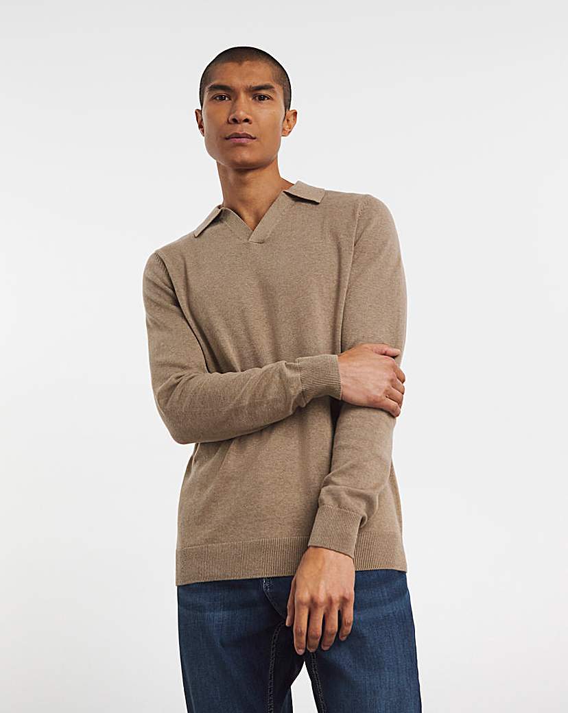 Neutral Marl Cotton Open Neck Knit Polo