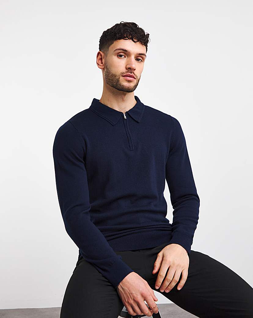 Navy Merino Wool Long Sleeve Zip