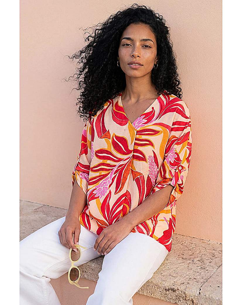 Roman Originals Red Roman Leaf Print V-Neck Pleat Front Top Size 16