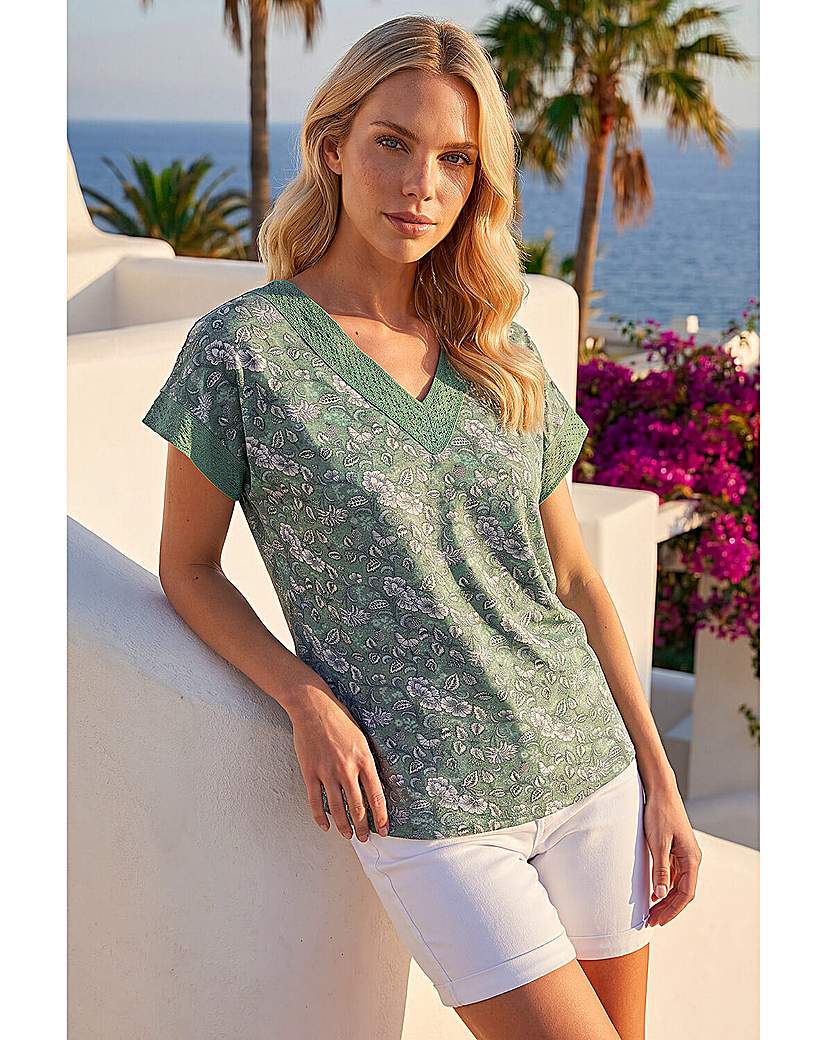 Roman Petite Women's Sage Lace Trim V-Neck Top Size 8 - Image 2