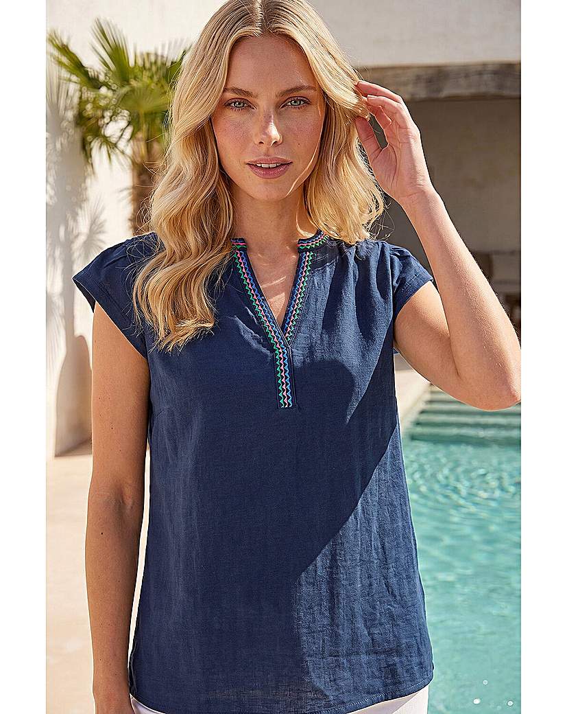 Roman Petite - Women's V-Neck Top - Embroidered - Size 12 - Navy