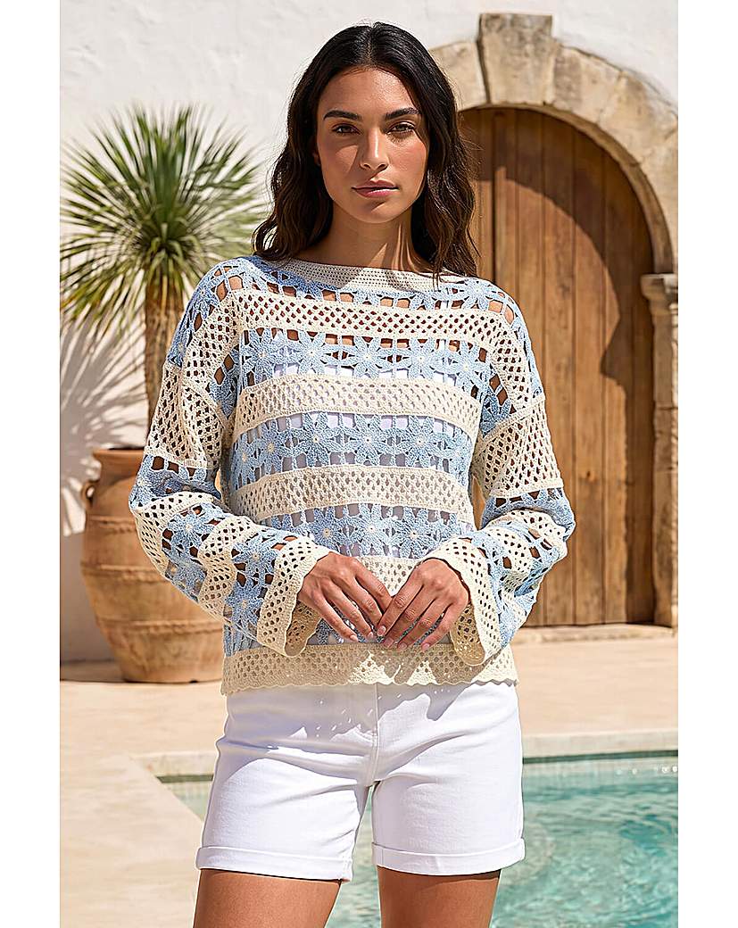 Roman Originals - Women's - Crochet Knit Jumper - Floral Stripe - Light Blue - Size L