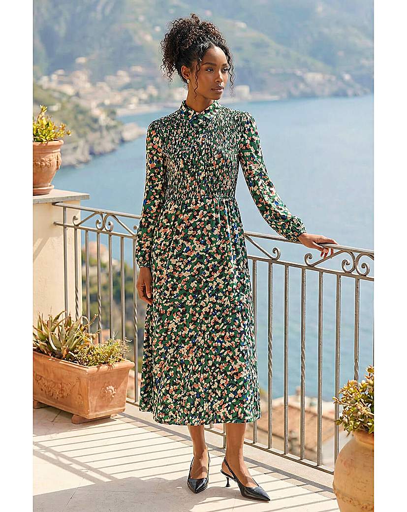 Roman Originals Women's Green Roman Speckled Print Shirred Midi Dress
