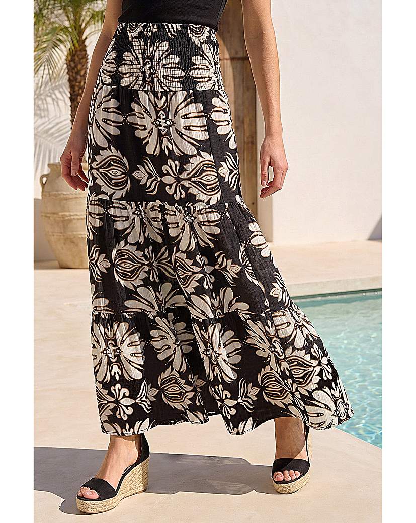 Roman Originals Chocolate Roman Printed Tiered Shirred Maxi Skirt Size 12