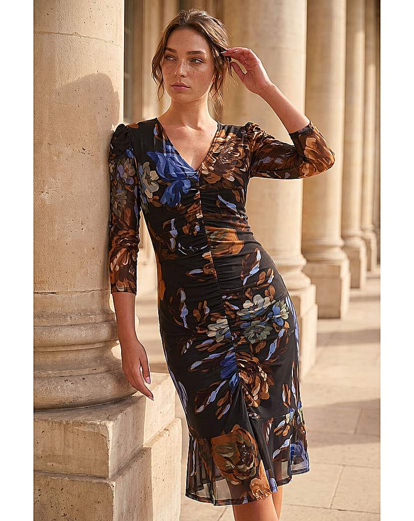 Roman Petite Mesh Ruched Dress