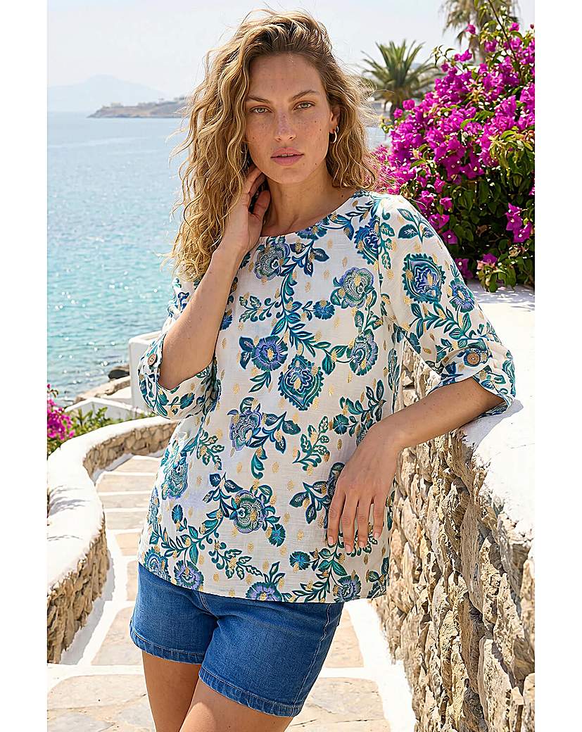 Roman Originals - Women's - Floral Foil Print Top - Blue - Size 10