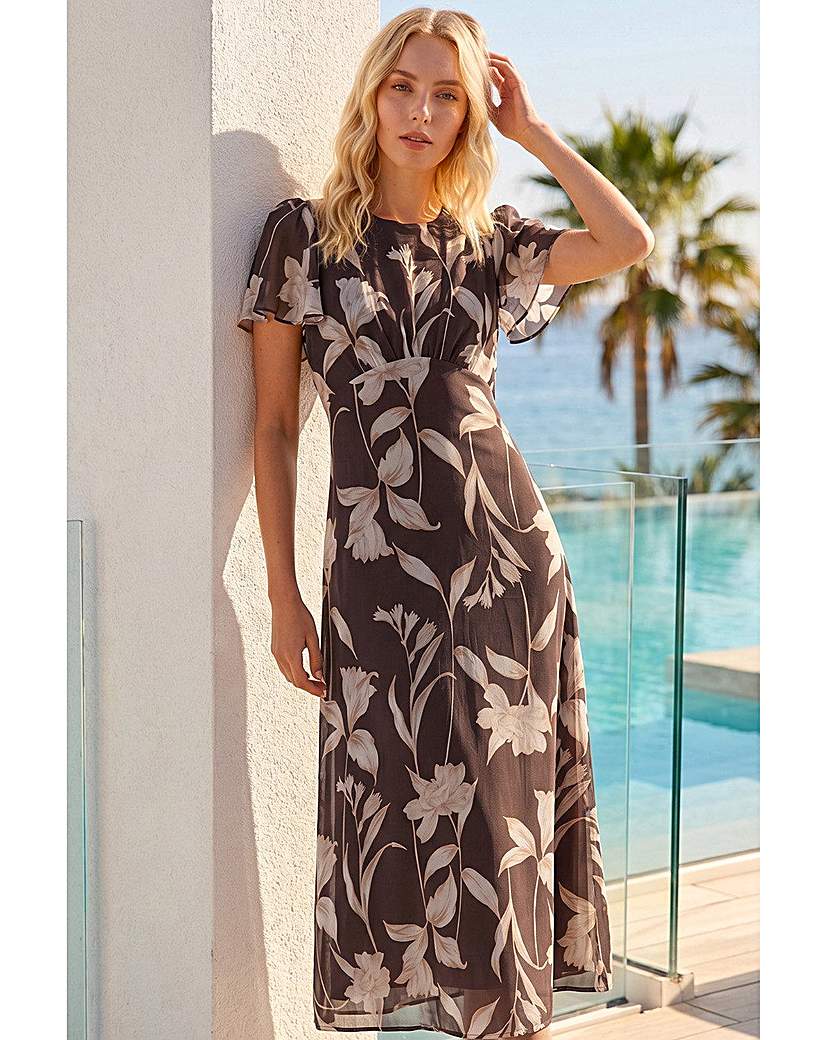Roman Floral Flutter Sleeve Midi Dress