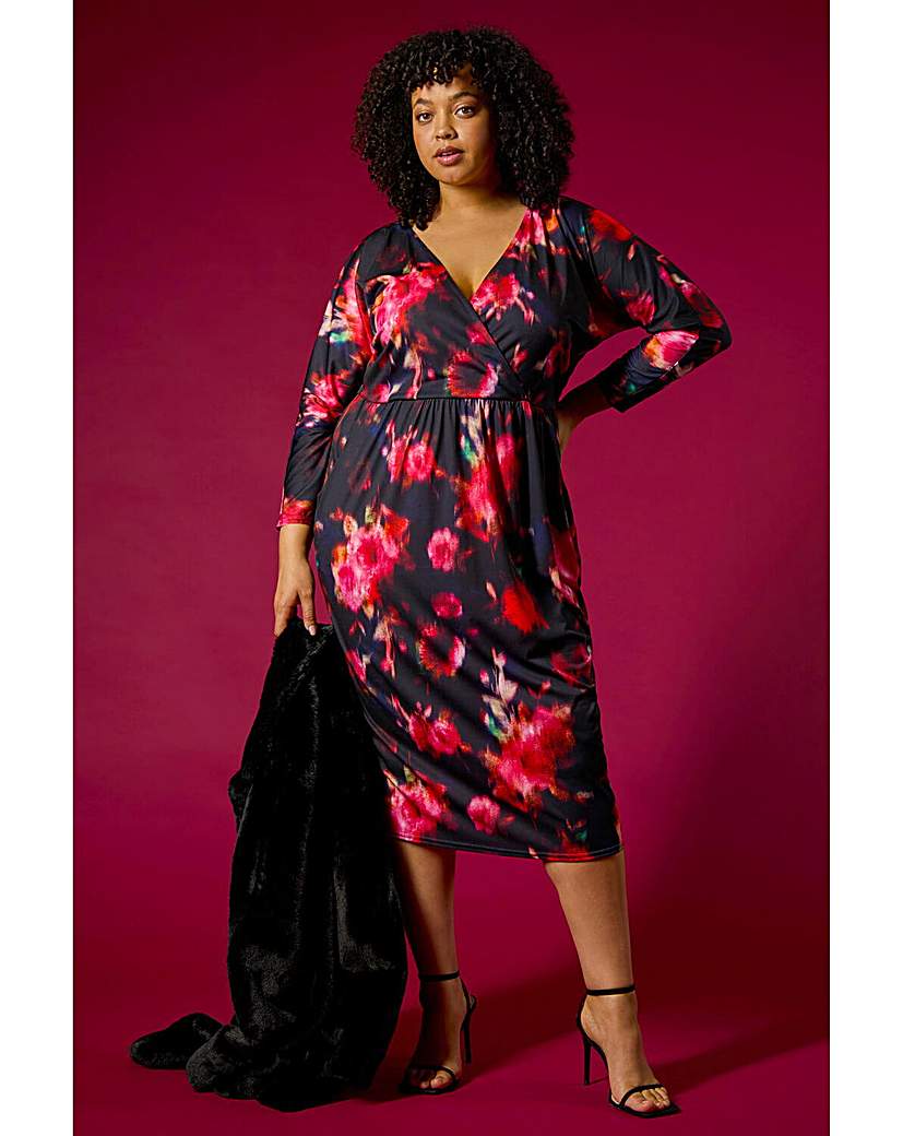 Roman Curve Floral Print Mesh Midi Dress