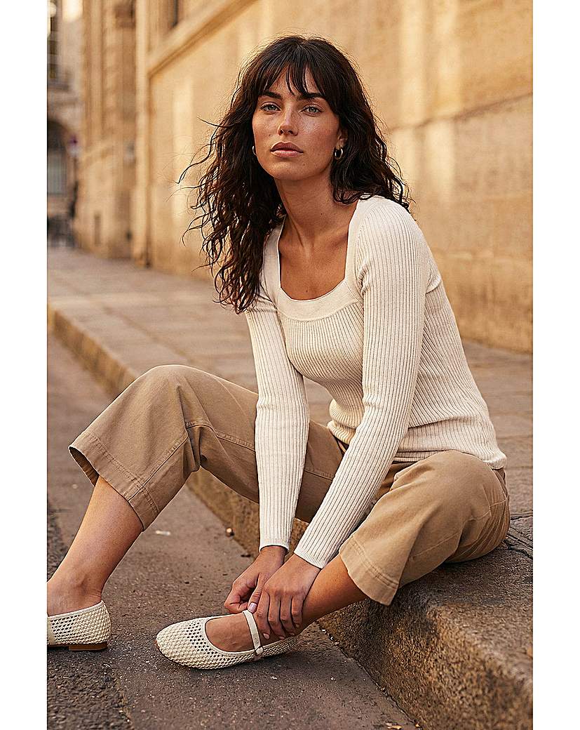 Roman Square Neck Ribbed Knit Top