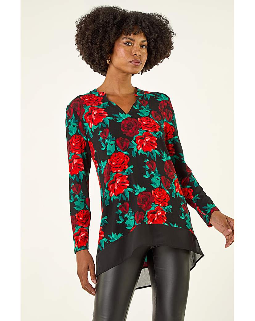 Roman Floral Print V-Neck Chiffon Top