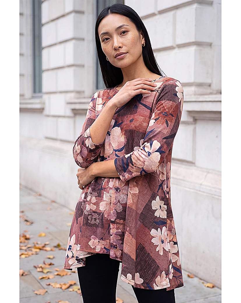 Roman Floral Print Hanky Hem Stretch Top