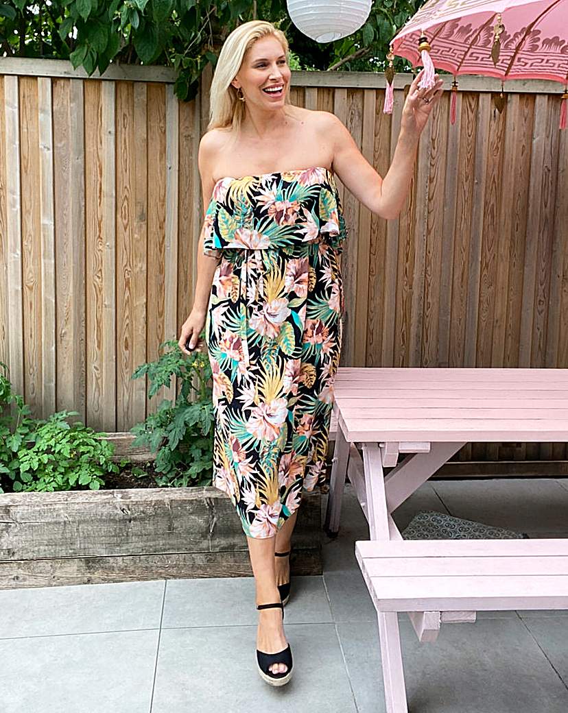 Print Bandeau Crinkle Midi Dress