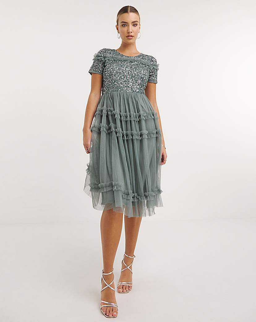Maya Deluxe Puff Sleeve Delicate Sequin Ruffle Midi Dress
