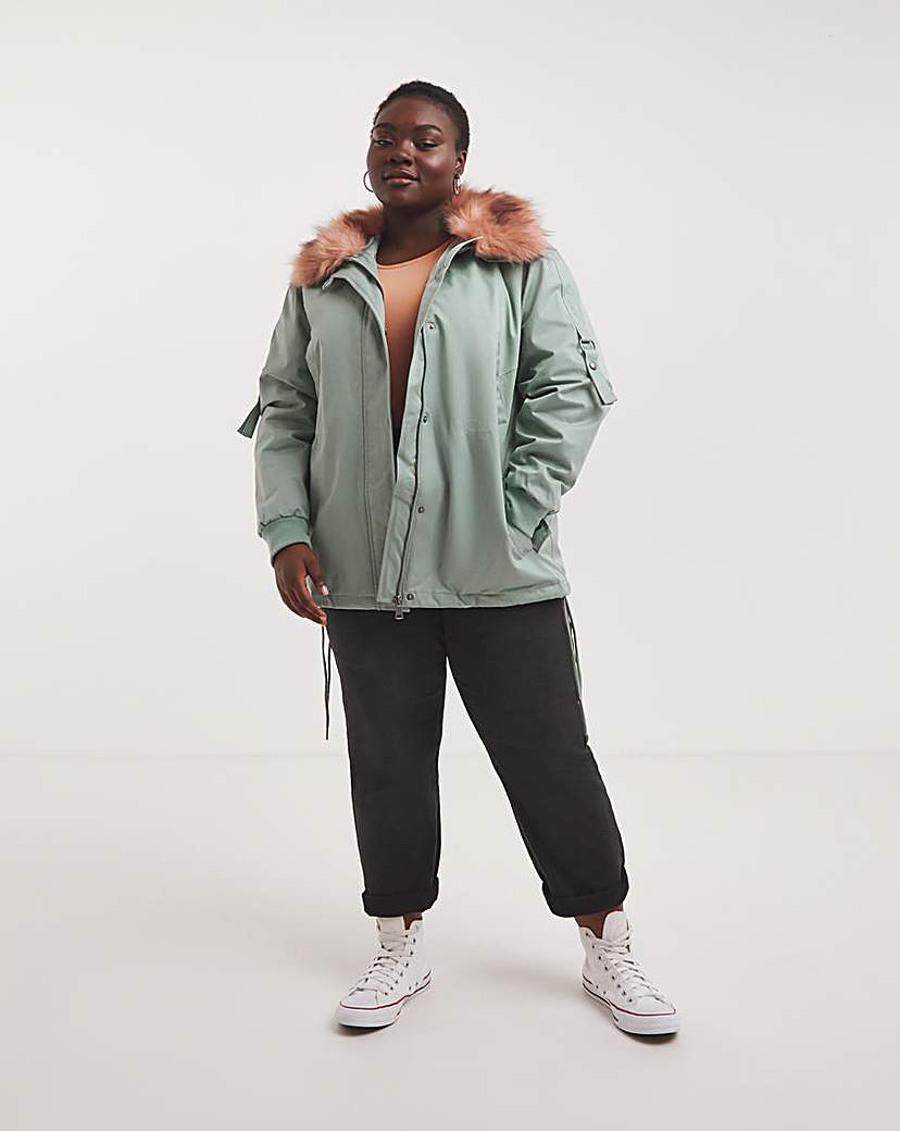 Khaki Colour Contrast Fur Short Parka