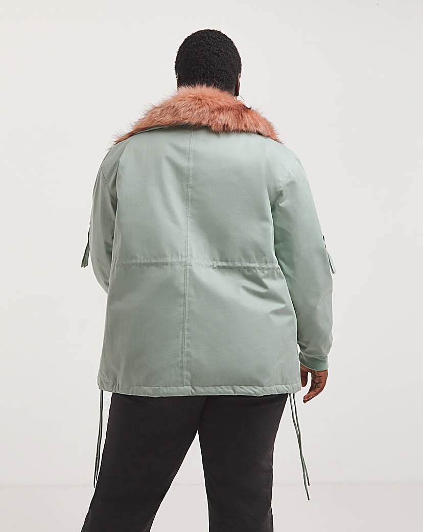 Khaki Colour Contrast Fur Short Parka