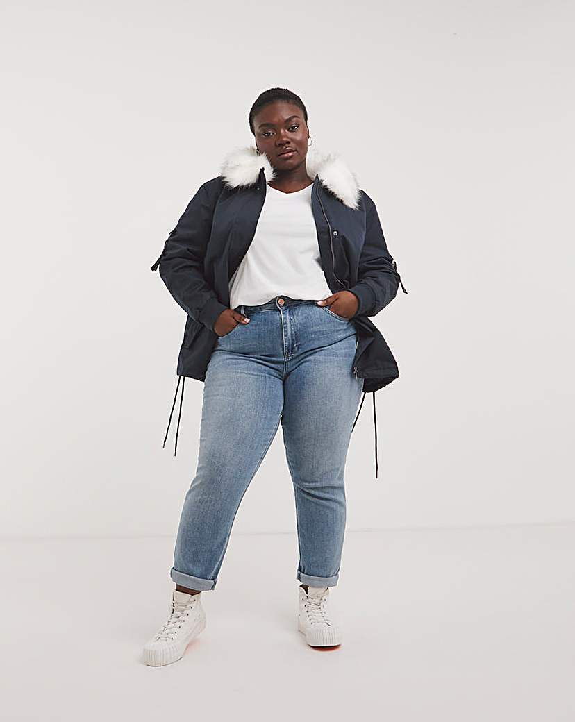 Navy Colour Contrast Fur Short Parka