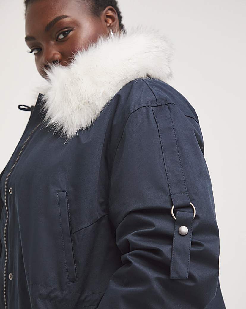 Navy Colour Contrast Fur Short Parka