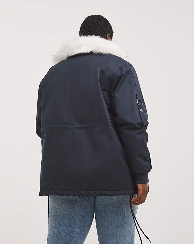 Navy Colour Contrast Fur Short Parka