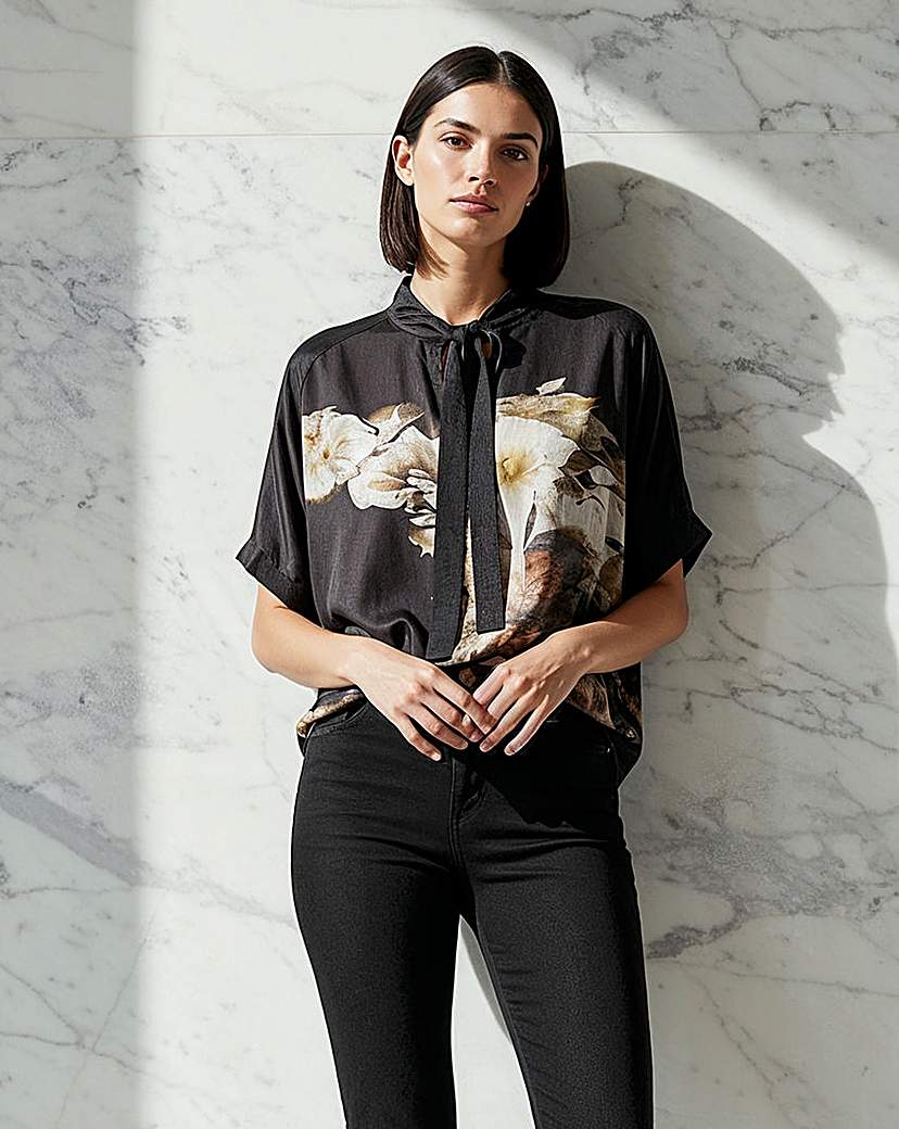 New In - Religion Tie Neck Floral Graphic Blouse