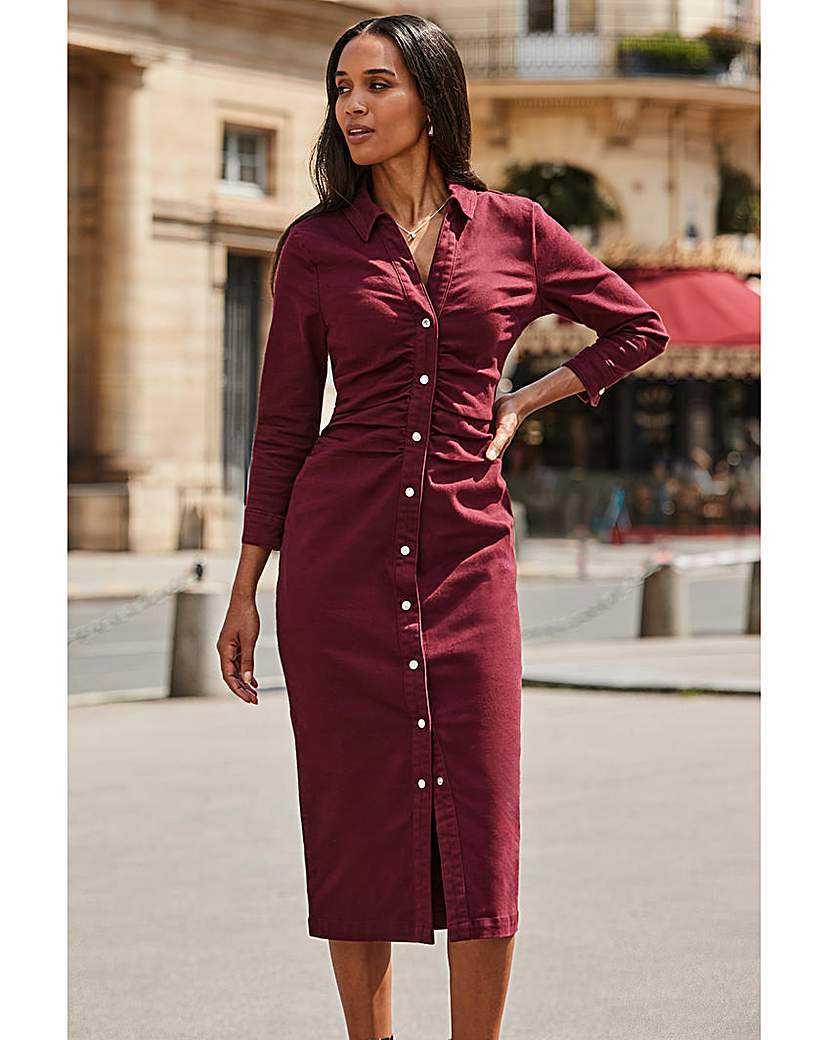 New In - Sosandar 3/4 Sleeve Ruched Denim Dress