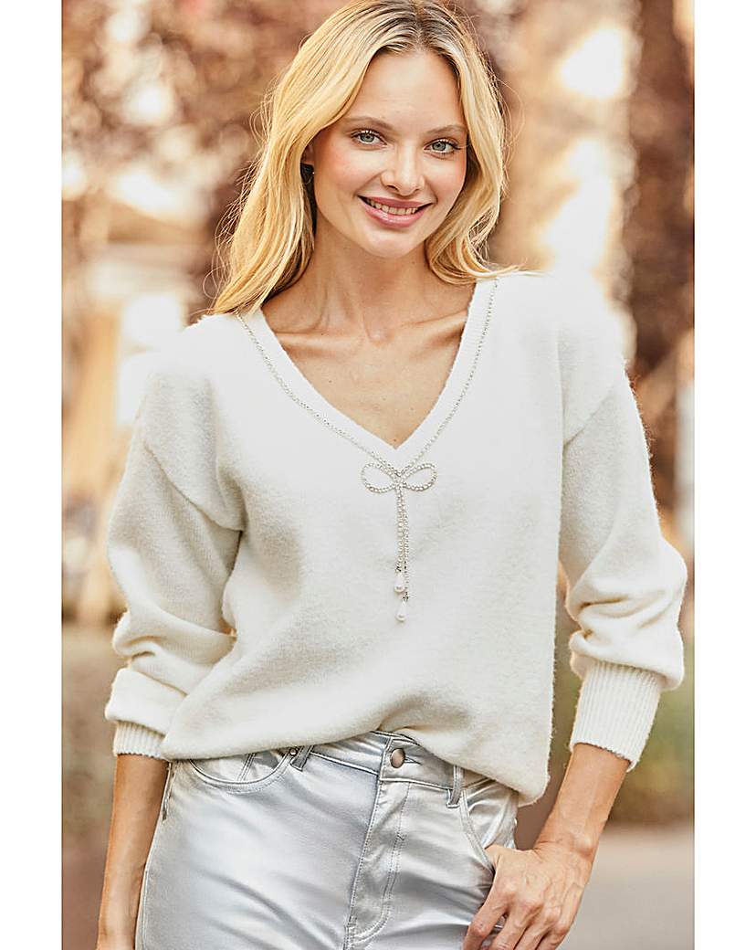 New In - Sosandar Embellished Bow Back Jumper