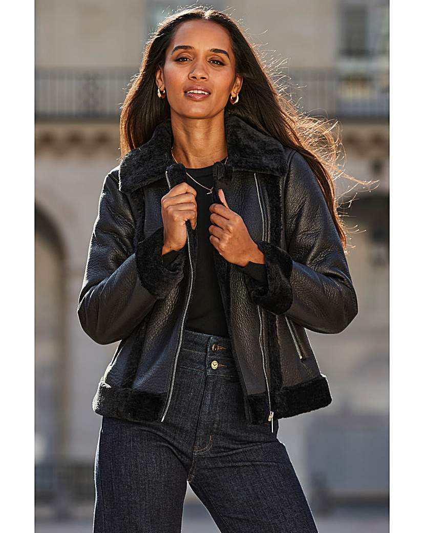 New In - Sosandar Faux Shearling Aviator Jacket