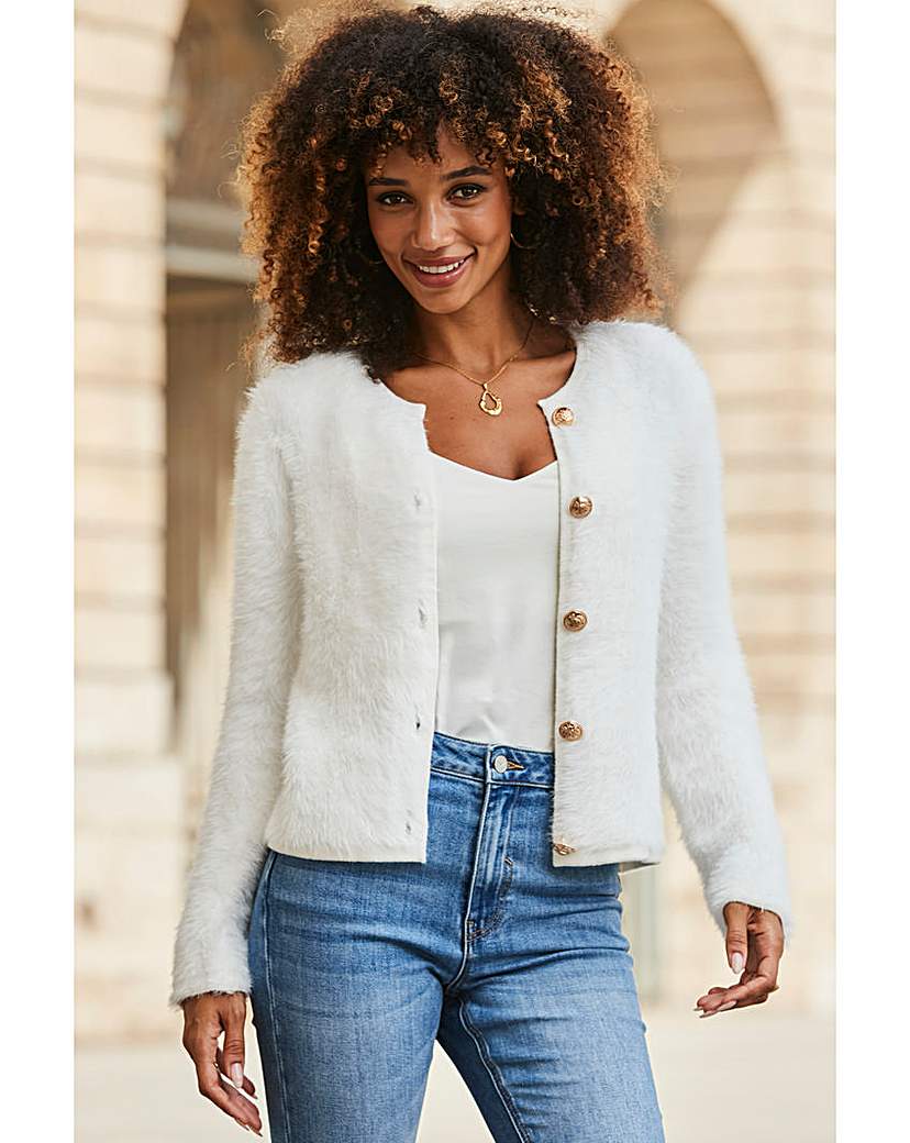 New In - Sosandar Crew Neck Fluffy Cardigan