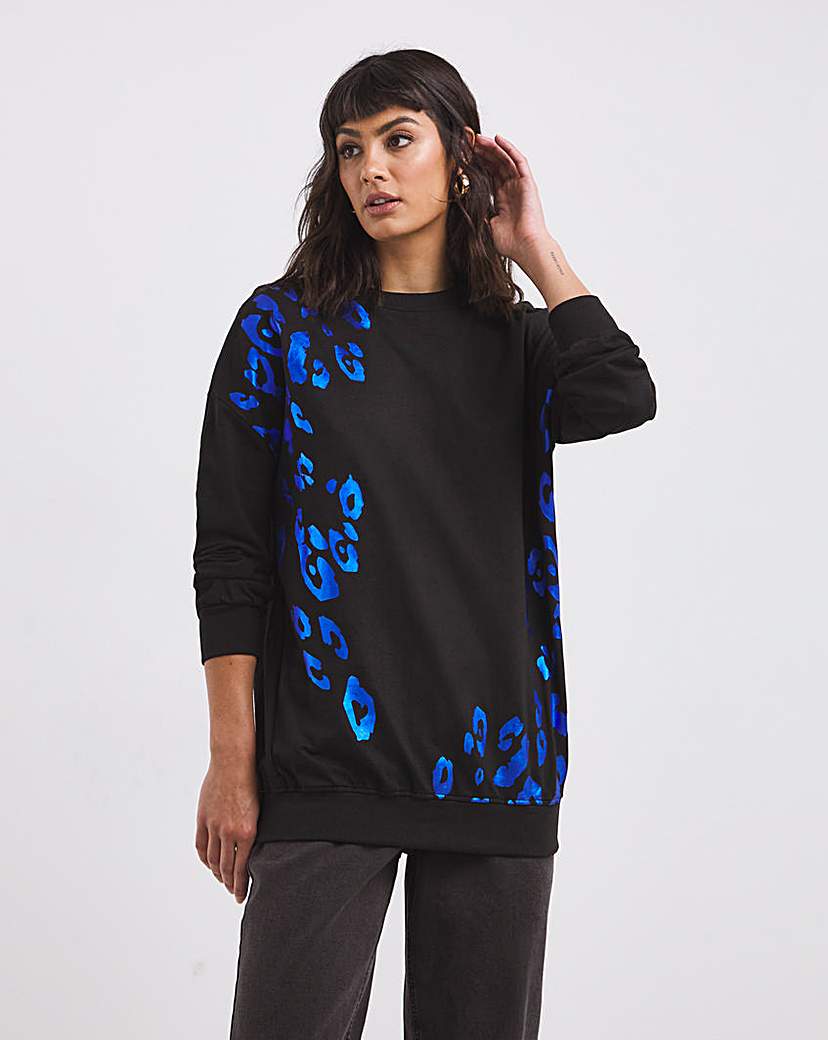 Blue Foil Print Leopard Side Sweatshirt