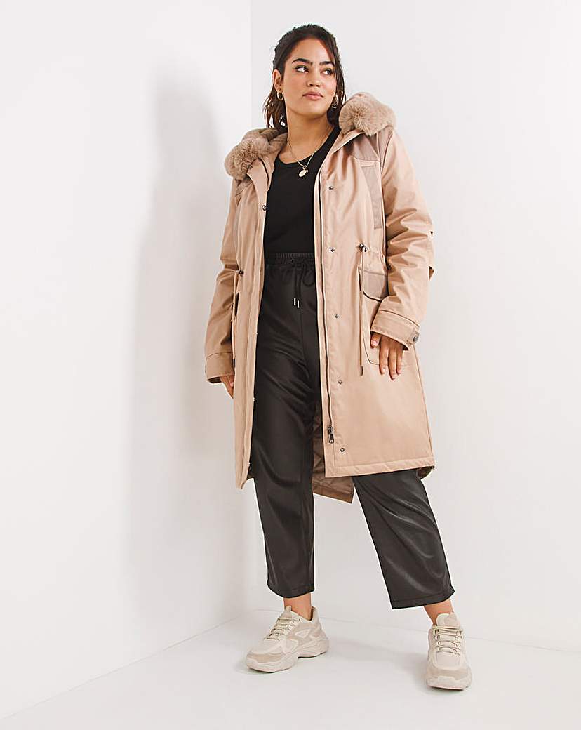Simply Be - Camel Faux Fur Trim Coloublock Parka
