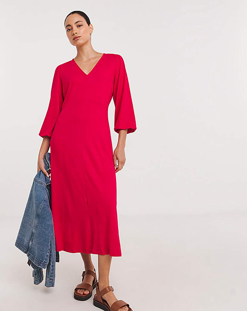 Puff Sleeve Jersey Midi Dress