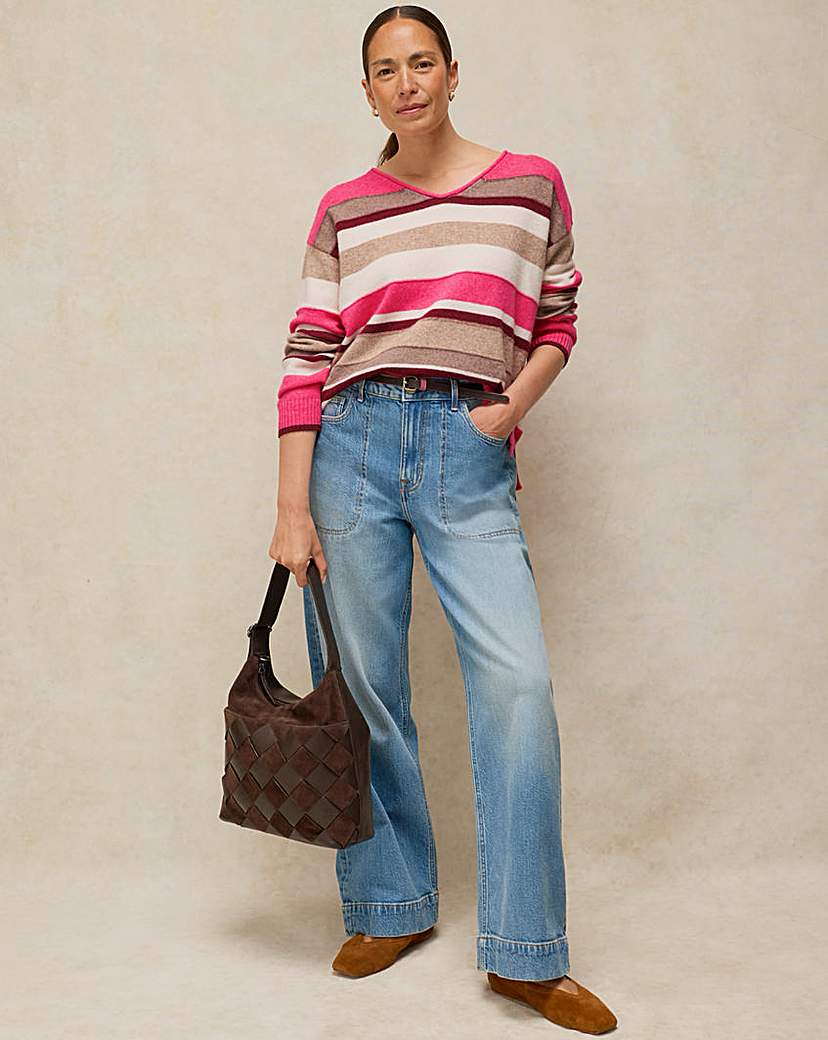 White Stuff Women's Pink Multi-Coloured Sansa V Neck Stripe Jumper Size 12