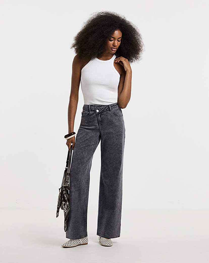 Washed Grey Crossover Straight Leg Jeans