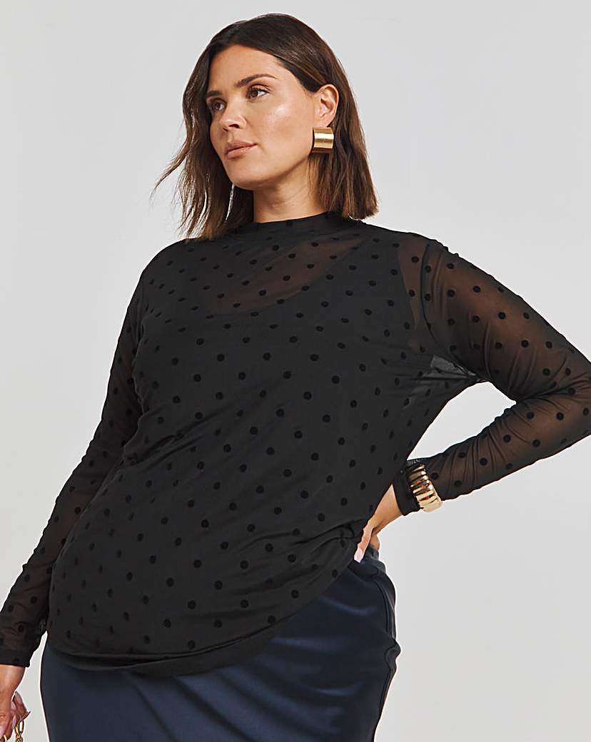 Spot Print High Neck Burn Out Top