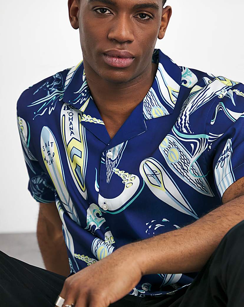 Surf Board Print Cuban Collar Shirt