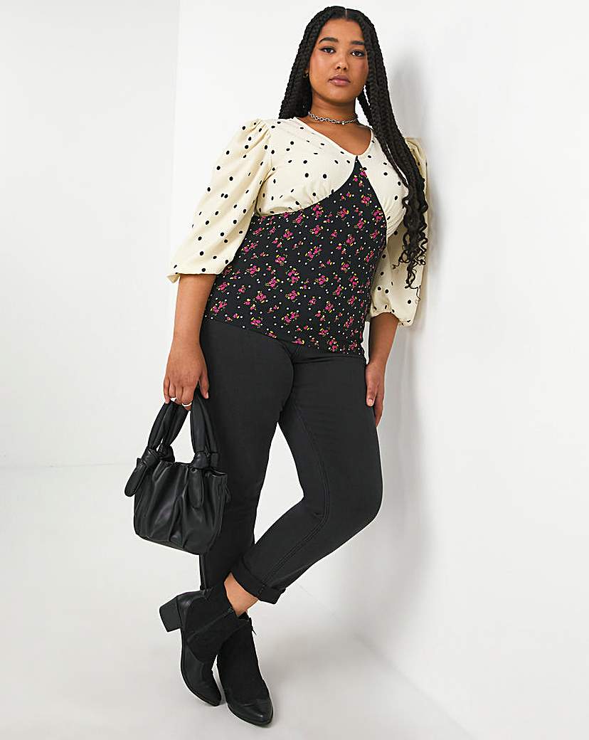 V-Neck Balloon Sleeve Mixed Print Top