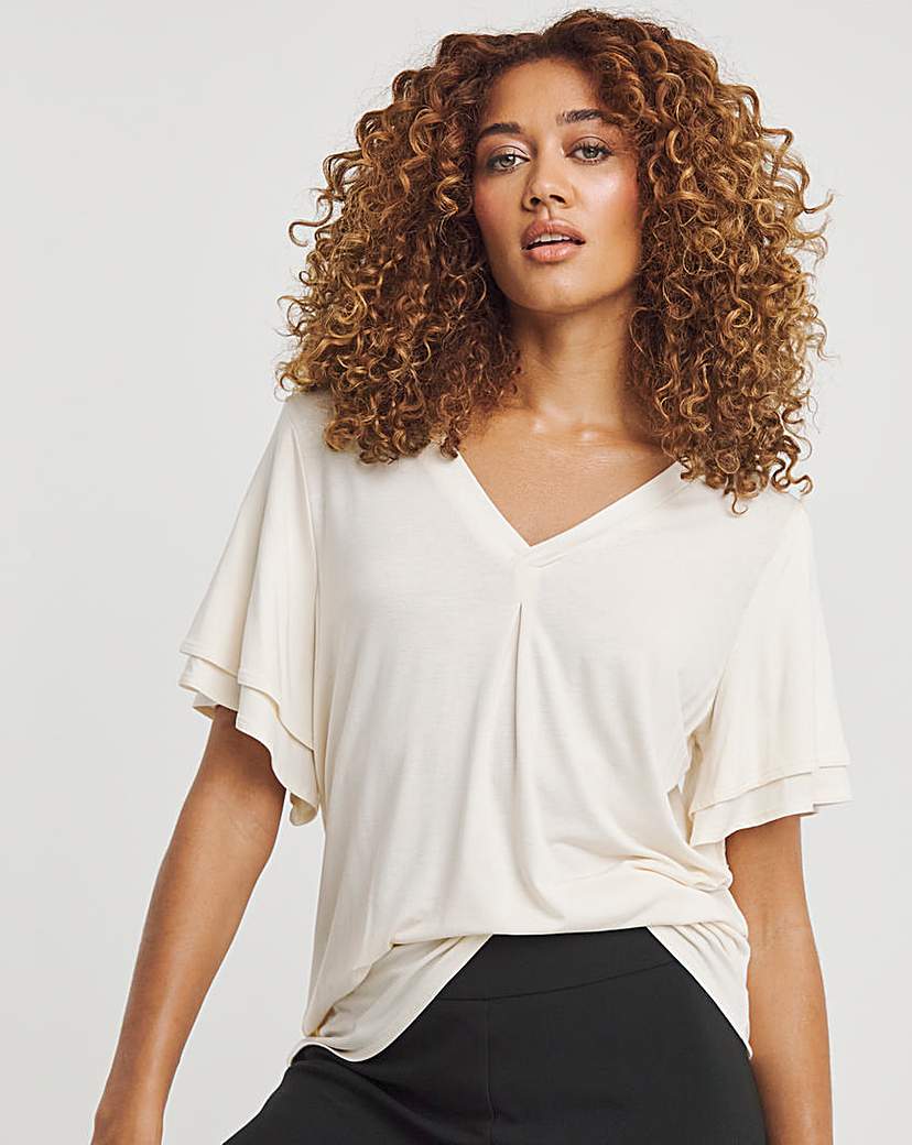 Cream Double Angel Sleeve V Neck T-shirt