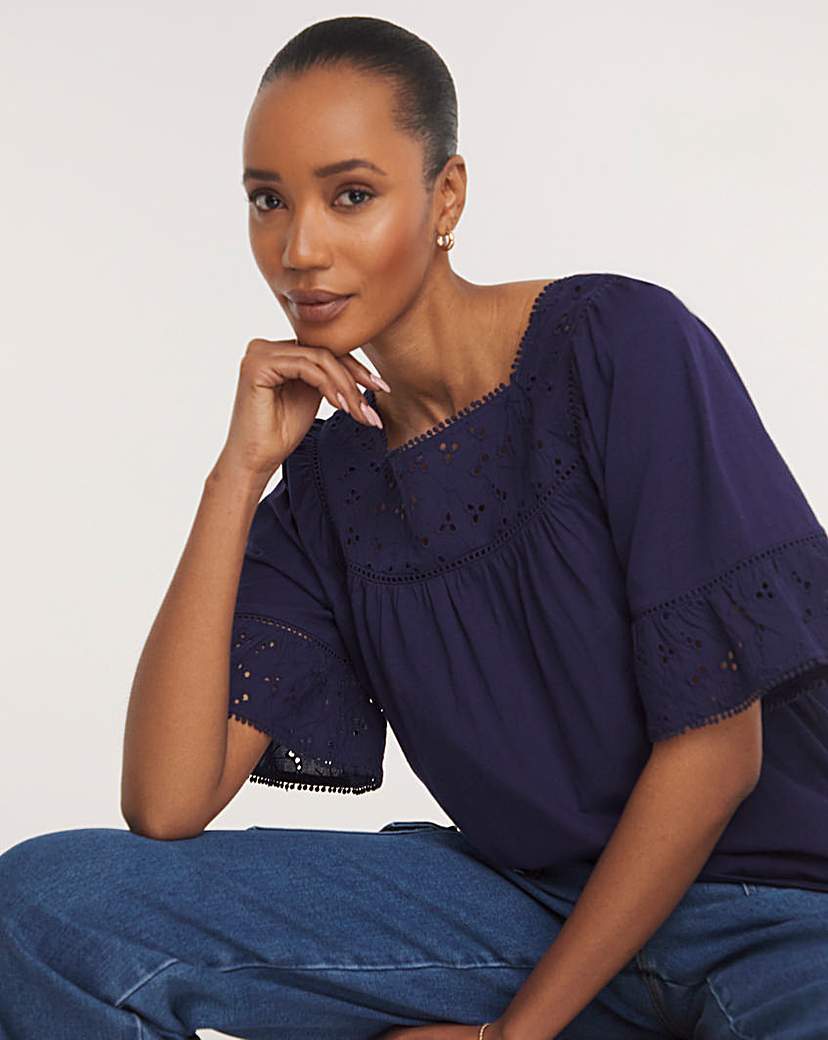 Navy Broderie Panel Square Neck Top