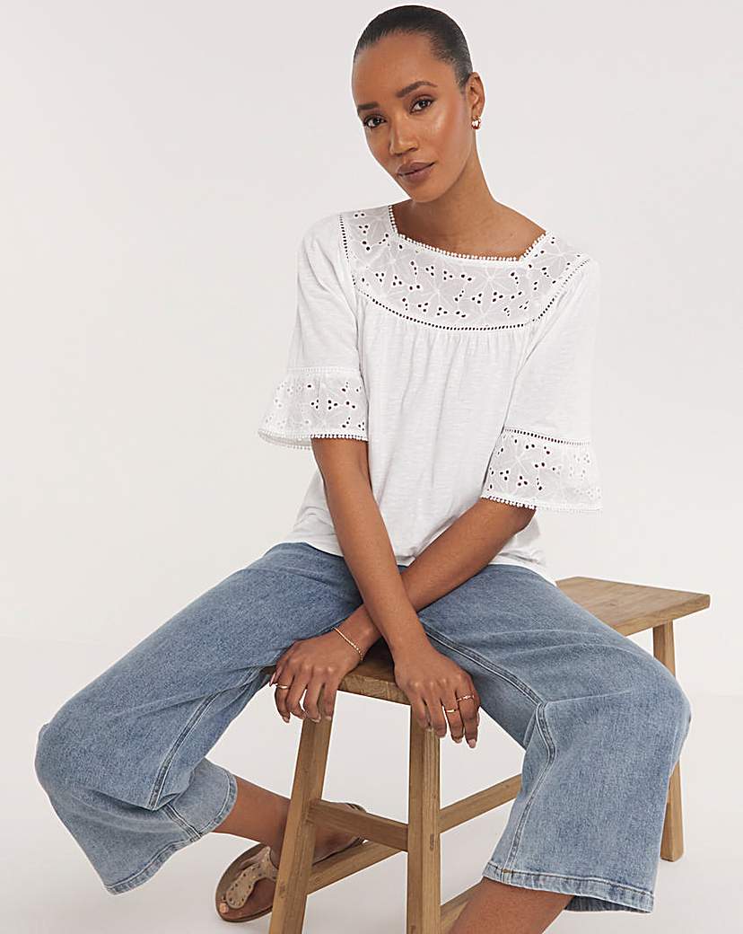 White Broderie Panel Square Neck Top